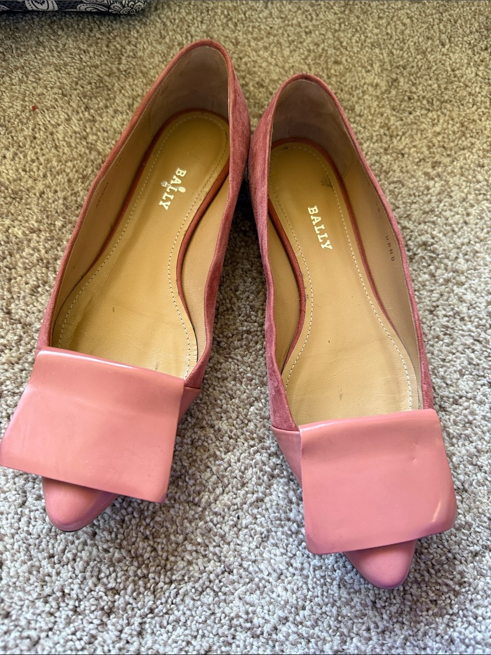 Bally Rose Pink Suede Pointed-Toe Flats with Glossy Square Accent